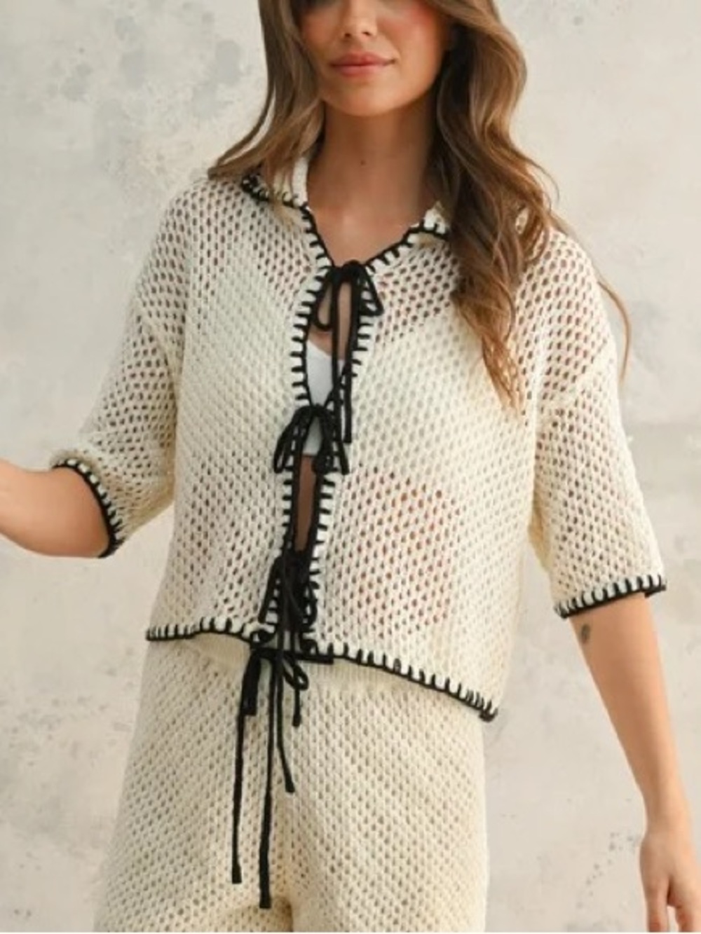 Miou Muse Crochet Knit Tie Front Top